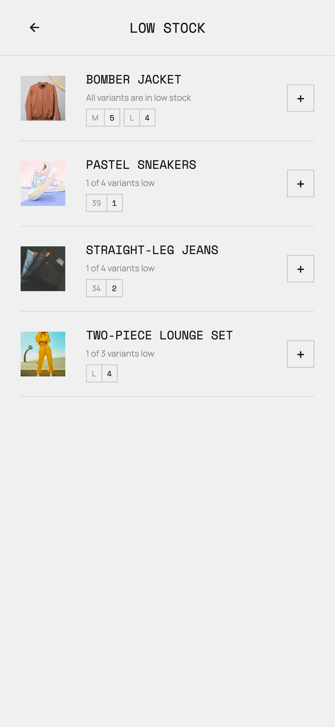 The low stock screen, listing which size of each product is running out.