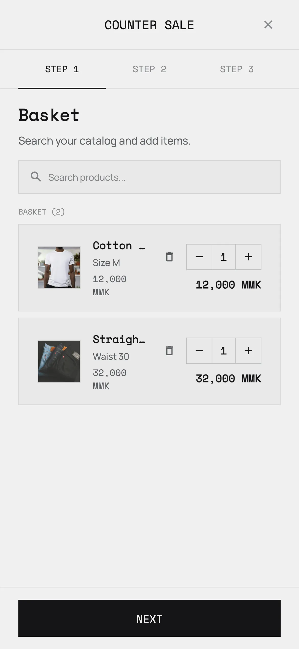 A counter sale in progress: two items in the basket with quantities and a running total.